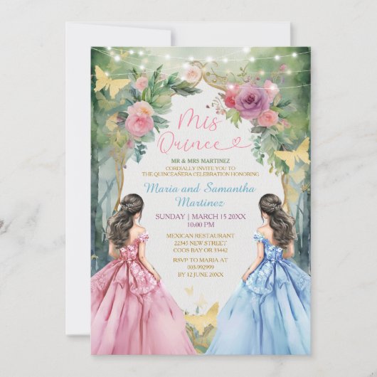 Tweelingroze blauwe jurk Floral Princess Mis Quinc Kaart (Voorkant)