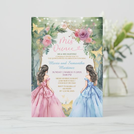Tweelingroze blauwe jurk Floral Princess Mis Quinc Kaart (Staand voorkant)