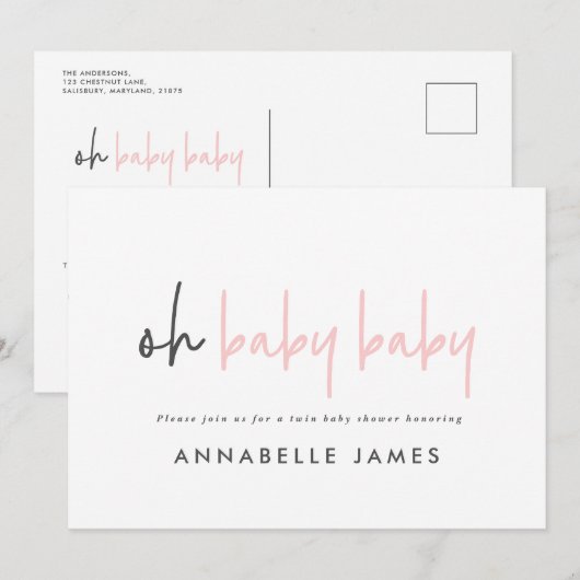 Tweelingroze moderne typografie hedendaagse baby m kaart (Voorkant / Achterkant)