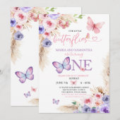 Tweelingroze Paarse vlinder Eerste Verjaardag Bloe Kaart (Voorkant / Achterkant)