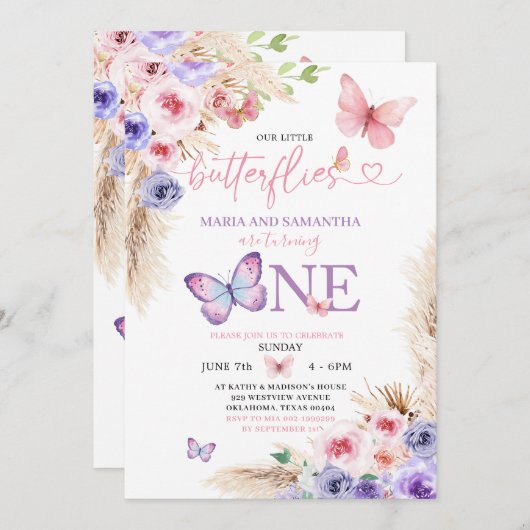 Tweelingroze Paarse vlinder Eerste Verjaardag Bloe Kaart (Voorkant / Achterkant)