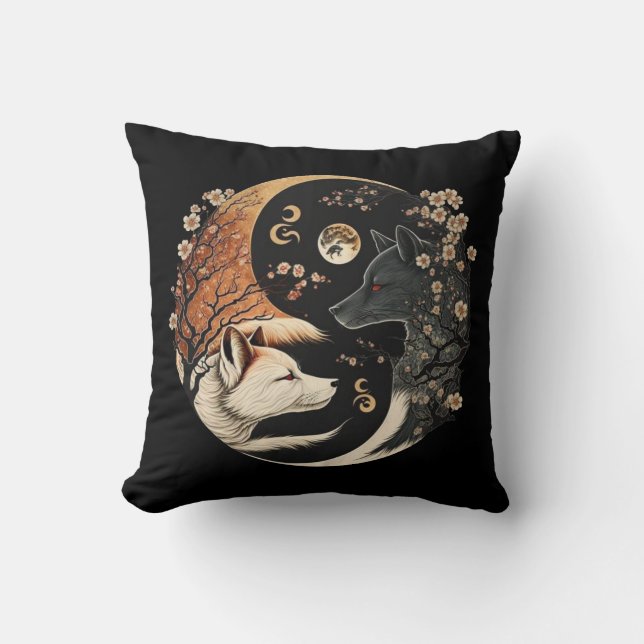 Tweelingwolf Yin en Yang Kussen (Voorkant)