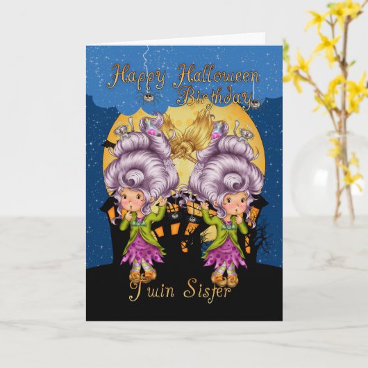Tweelingzus verjaardag Halloween kaart met schatti (Gele Bloem)