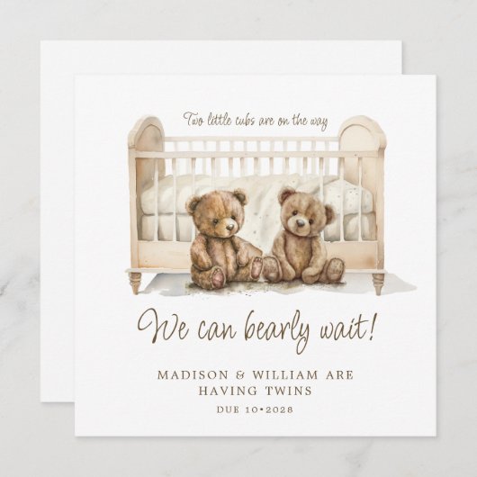 Tweelingzwangerschap aankondiging neutrale teddybe (Voorkant / Achterkant)