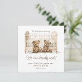 Tweelingzwangerschap aankondiging neutrale teddybe (Staand voorkant)