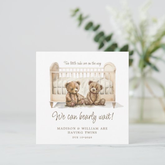 Tweelingzwangerschap aankondiging neutrale teddybe (Staand voorkant)