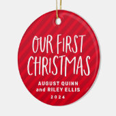 Tweelvoudige eerste kerstrode, gepersonaliseerde b keramisch ornament (Links)