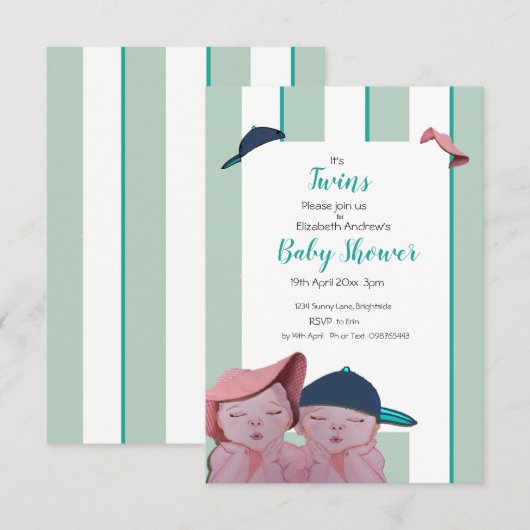 Tweemaal Baby shower Uitnodiging in groene streep (Voorkant / Achterkant)