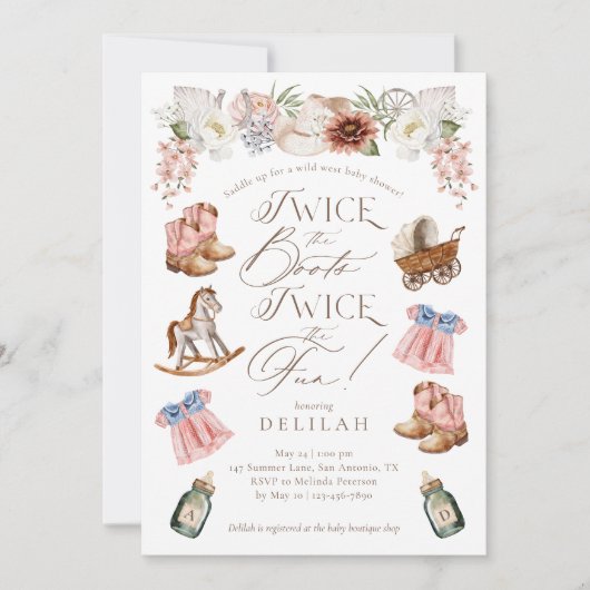 Tweemaal de Boots Twin Girls Western Baby shower Kaart (Voorkant)