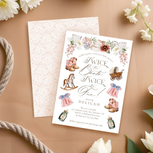 Tweemaal de Boots Twin Girls Western Baby shower Kaart