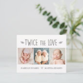 Tweemaal de liefde, tweeling baby geboorte aankond briefkaart (Staand voorkant)