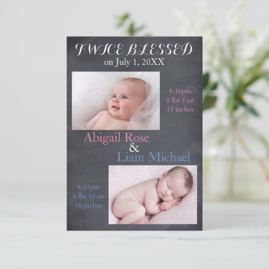 Tweemaal gezegende tweeling - 3x5 geboorteaankondi aankondiging (Staand voorkant)