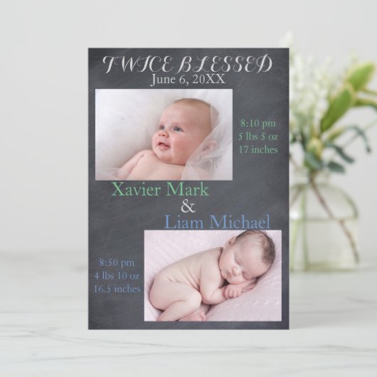 Tweemaal gezegende tweelingjongens - Geboorteaanko Aankondiging (Staand voorkant)