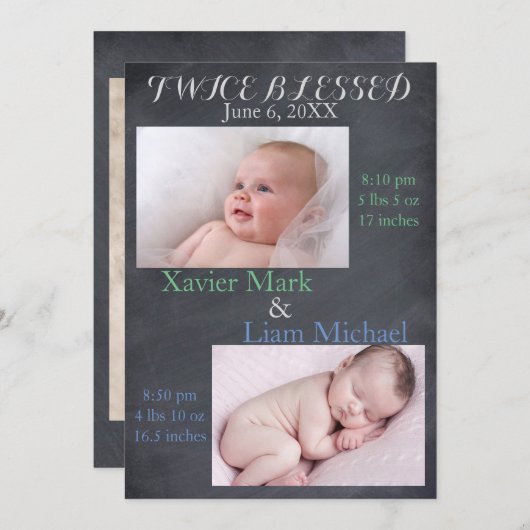 Tweemaal gezegende tweelingjongens - Geboorteaanko Aankondiging (Voorkant / Achterkant)