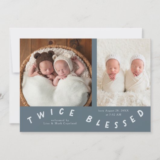Tweemaal gezegende typografie Blauwe Geboorte Aankondiging (Voorkant)