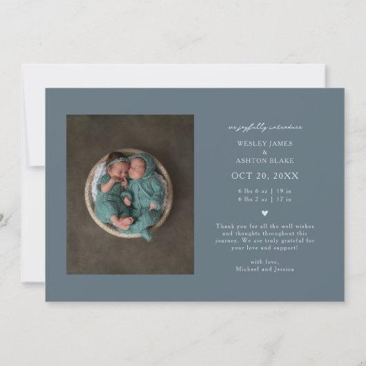 Tweemaal gezegende typografie Blauwe Geboorte Aankondiging (Achterkant)