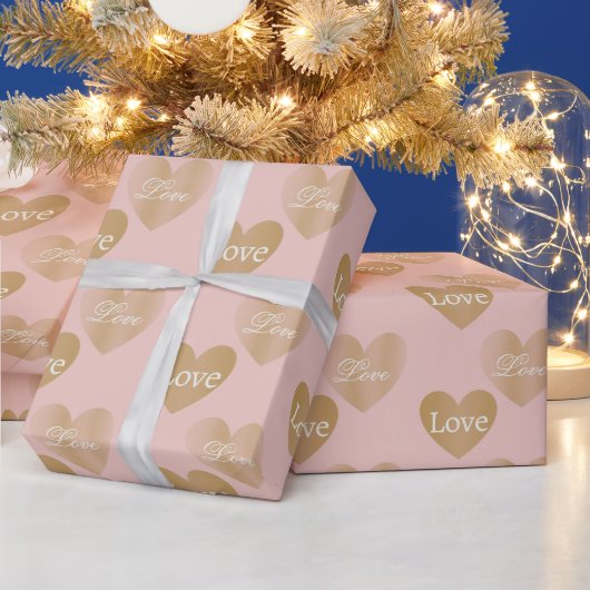 Tweemaal Golden Love Trouwharten op Roos Gold Cadeaupapier (Feestdagen)