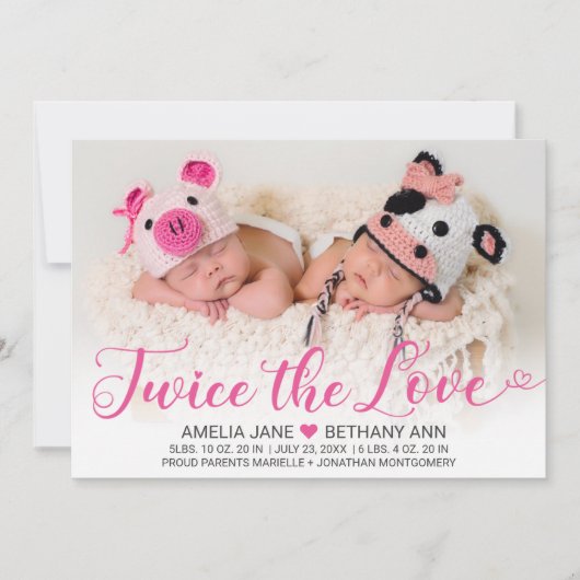 Tweemaal het roze script van Love Twin Girls Foto  Aankondiging (Voorkant)