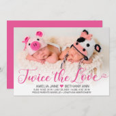 Tweemaal het roze script van Love Twin Girls Foto  Aankondiging (Voorkant / Achterkant)