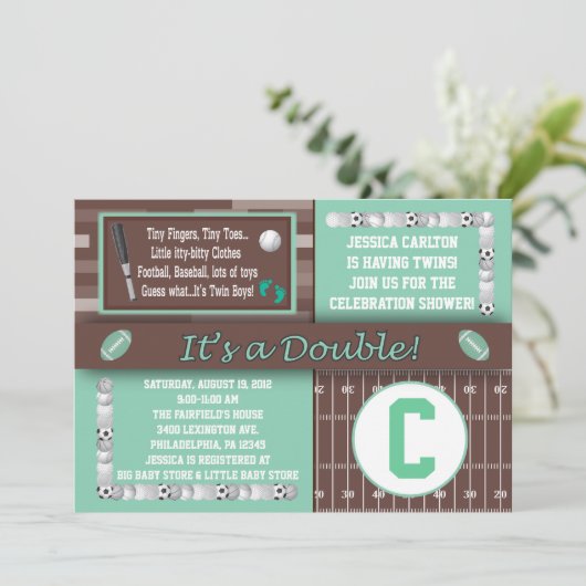 Tweemaal sport Baby Shower Invitaties Groen Kaart (Staand voorkant)