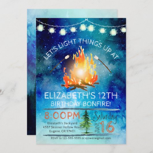 Tween Bonfire Birthday Party Invitation Kaart (Voorkant / Achterkant)