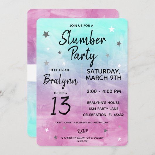 Tween Girl Birthday Slumber Party Waterverf Kaart (Voorkant / Achterkant)