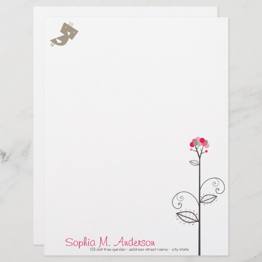 Tweet Bird and Whimsical Cute Bloom Tree Pink Stip Briefhoofd (Voorkant / Achterkant)