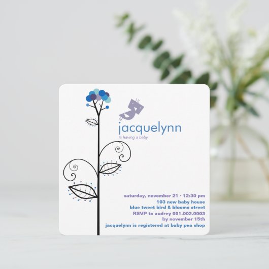 Tweet Bird Blue Bloom Stippen Tree Baby shower Kaart (Staand voorkant)