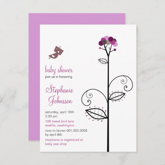 Tweet Bird Paarse Bloom Stippen Tree Chic Baby sho Uitnodiging Briefkaart (Voorkant / Achterkant)