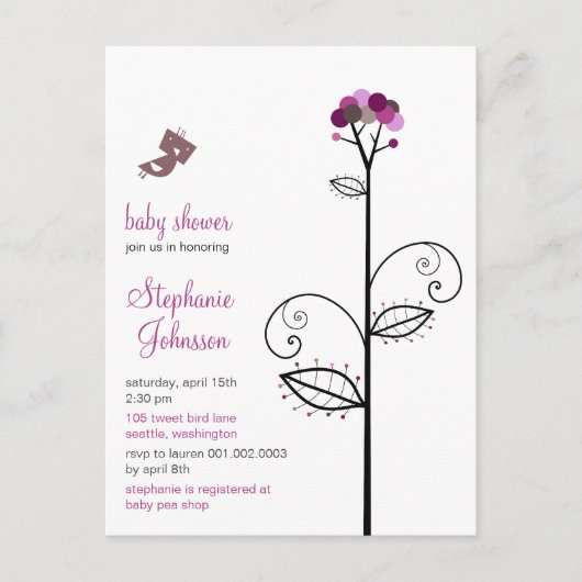 Tweet Bird Paarse Bloom Stippen Tree Chic Baby sho Uitnodiging Briefkaart (Voorkant)