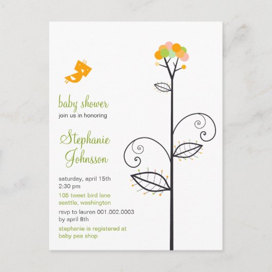 Tweet Bird Yellow Bloom Stippen Tree Chic Baby sho Uitnodiging Briefkaart (Voorkant)