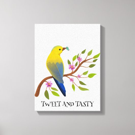 tweet en lekkere Waterverf Bird & Bug on branch Canvas Afdruk (Voorkant)