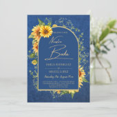 Tweetaalig Rústiek Blauw Geel Zonnebloemen Bruilof Kaart (Staand voorkant)