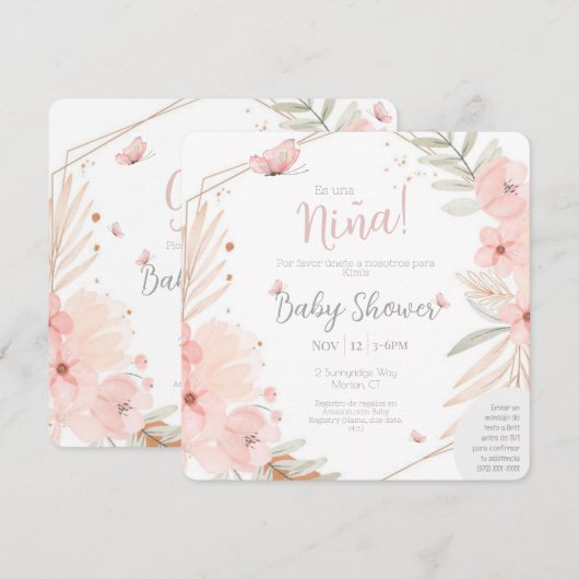 Tweetalig (2-zijdig) Baby shower meisje roze Kaart (Voorkant / Achterkant)