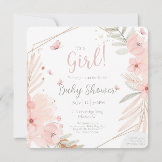 Tweetalig (2-zijdig) Baby shower meisje roze Kaart (Achterkant)