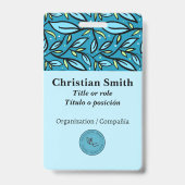 Tweetalig blauw turquoise blad patroon badge (Voorkant)