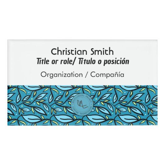 Tweetalig blauw wit blad patroon badge (Voorkant)