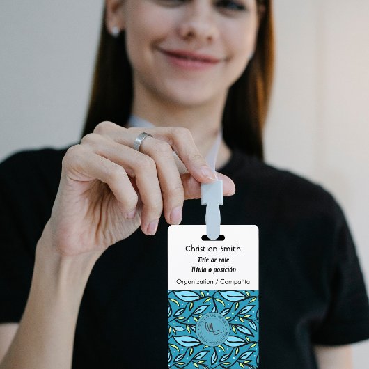 Tweetalig blauw wit blad patroon badge