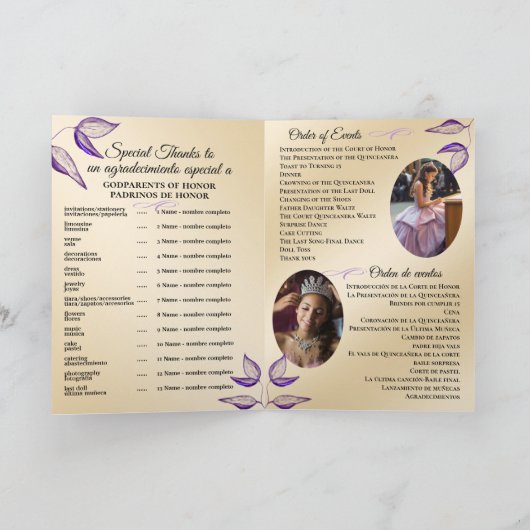 Tweetalig Quinceañera Order of Events Programma (Binnen)