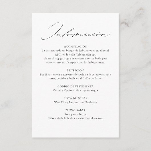 Tweetalig Spaans Engels Dubbelzijdig Trouwen Informatiekaartje (Voorkant)