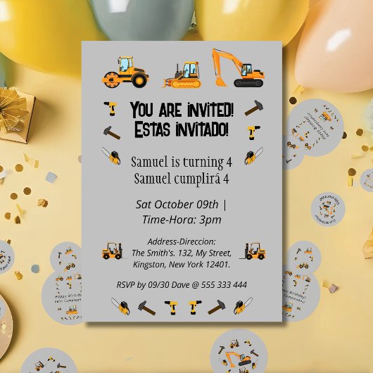 Tweetalig verjaardagsfeestje bouwthema kaart