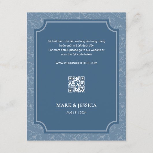 Tweetalig Vietnamees Blauw Lied Hy Bruiloft RSVP (Achterkant)
