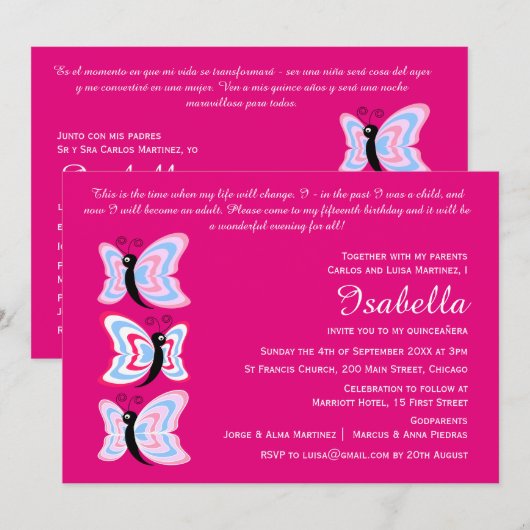 Tweetalige 2-zijdige Quinceañera Butterfly Verjaar Kaart (Voorkant / Achterkant)