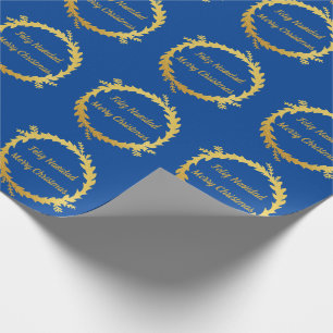 Tweetalige Blauw Gouden Feliz Navidad Kerstmis Cadeaupapier