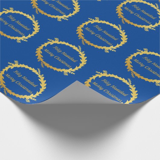 Tweetalige Blauw Gouden Feliz Navidad Kerstmis Cadeaupapier (Hoek)