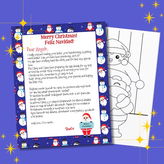 Tweetalige Blue Santa Letter voor kinderen Spaans (Blue bilingual letter from Santa Christmas, personalized name & Spanish text. Multilingual Project)