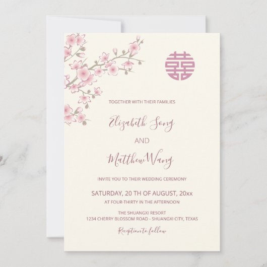 TWEETALIGE Blush Kersenbloesem Chinese bruiloft Kaart (Voorkant)