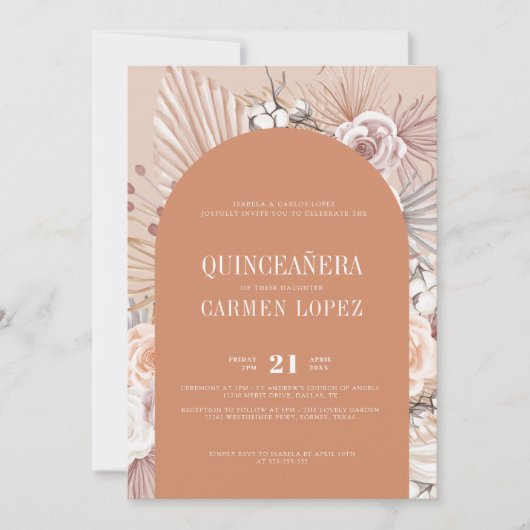 Tweetalige Boho Modern Terracotta Quinceanera Kaart (Voorkant)