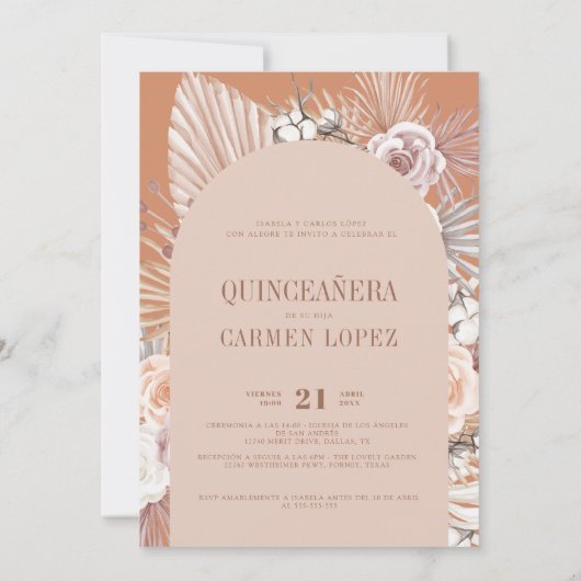 Tweetalige Boho Modern Terracotta Quinceanera Kaart (Achterkant)