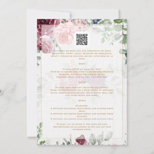 Tweetalige Bourgondië Bloem Goud Trouw Boda Rozen Kaart (Achterkant)